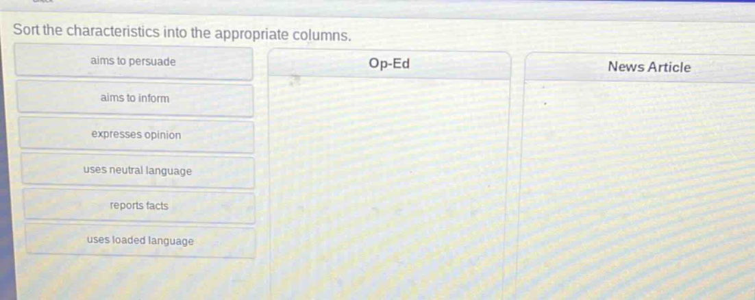 sort the characteristics into the appropriate columns. aims to persuade aims to inform expresses opinion uses neutral language reports facts uses loaded language op - ed news article