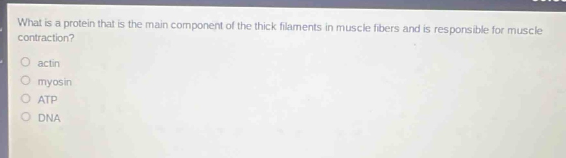 what is a protein that is the main component of the thick filaments in muscle fibers and is responsible for muscle contraction?\n○ actin\n○ myosin\n○ atp\n○ dna