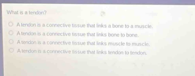 what is a tendon?\na tendon is a connective tissue that links a bone to a muscle.\na tendon is a connective tissue that links bone to bone.\na tendon is a connective tissue that links muscle to muscle.\na tendon is a connective tissue that links tendon to tendon.