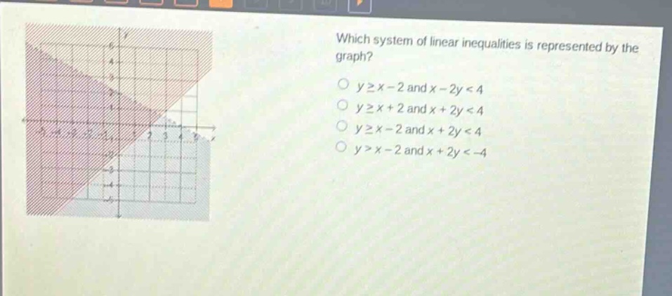 which system of linear inequalities is represented by the graph?\no y≥x - 2 and x - 2y < 4\no y≥x + 2 and x + 2y < 4\no y≥x - 2 and x + 2y < 4\no y>x - 2 and x + 2y < -4