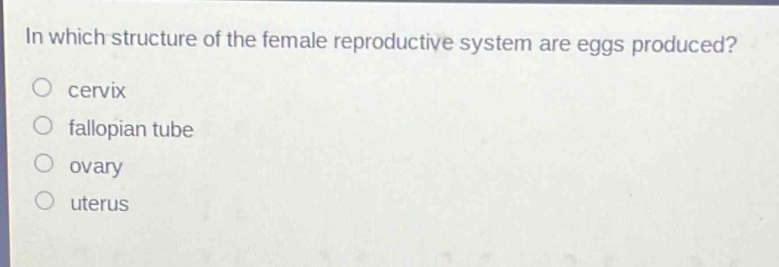 in which structure of the female reproductive system are eggs produced?\n○ cervix\n○ fallopian tube\n○ ovary\n○ uterus