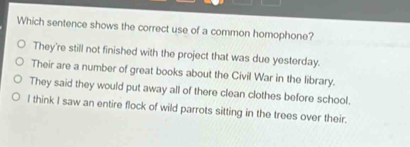 which sentence shows the correct use of a common homophone?\no theyre still not finished with the project that was due yesterday.\no their are a number of great books about the civil war in the library.\no they said they would put away all of there clean clothes before school.\no i think i saw an entire flock of wild parrots sitting in the trees over their.