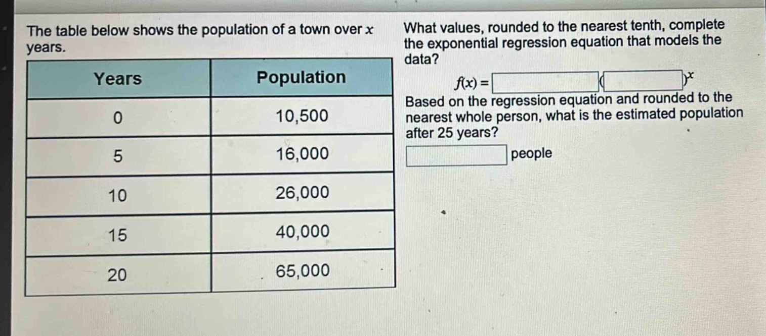 the table below shows the population of a town over x years.\n| years | population |\n| ---- | ---- |\n| 0 | 10,500 |\n| 5 | 16,000 |\n| 10 | 26,000 |\n| 15 | 40,000 |\n| 20 | 65,000 |\nwhat values, rounded to the nearest tenth, complete the exponential regression equation that models the data?\nf(x) = ( )^x\nbased on the regression equation and rounded to the nearest whole person, what is the estimated population after 25 years?\n people