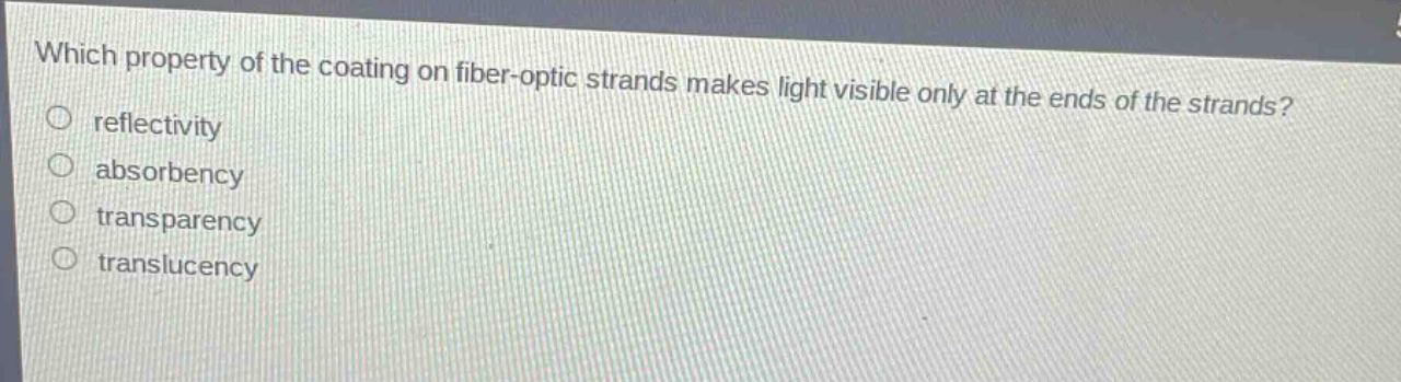 which property of the coating on fiber - optic strands makes light visible only at the ends of the strands?\nreflectivity\nabsorbency\ntransparency\ntranslucency