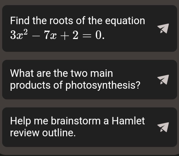find the roots of the equation $3x^{2}-7x + 2 = 0$.\nwhat are the two main products of photosynthesis?\nhelp me brainstorm a hamlet review outline.