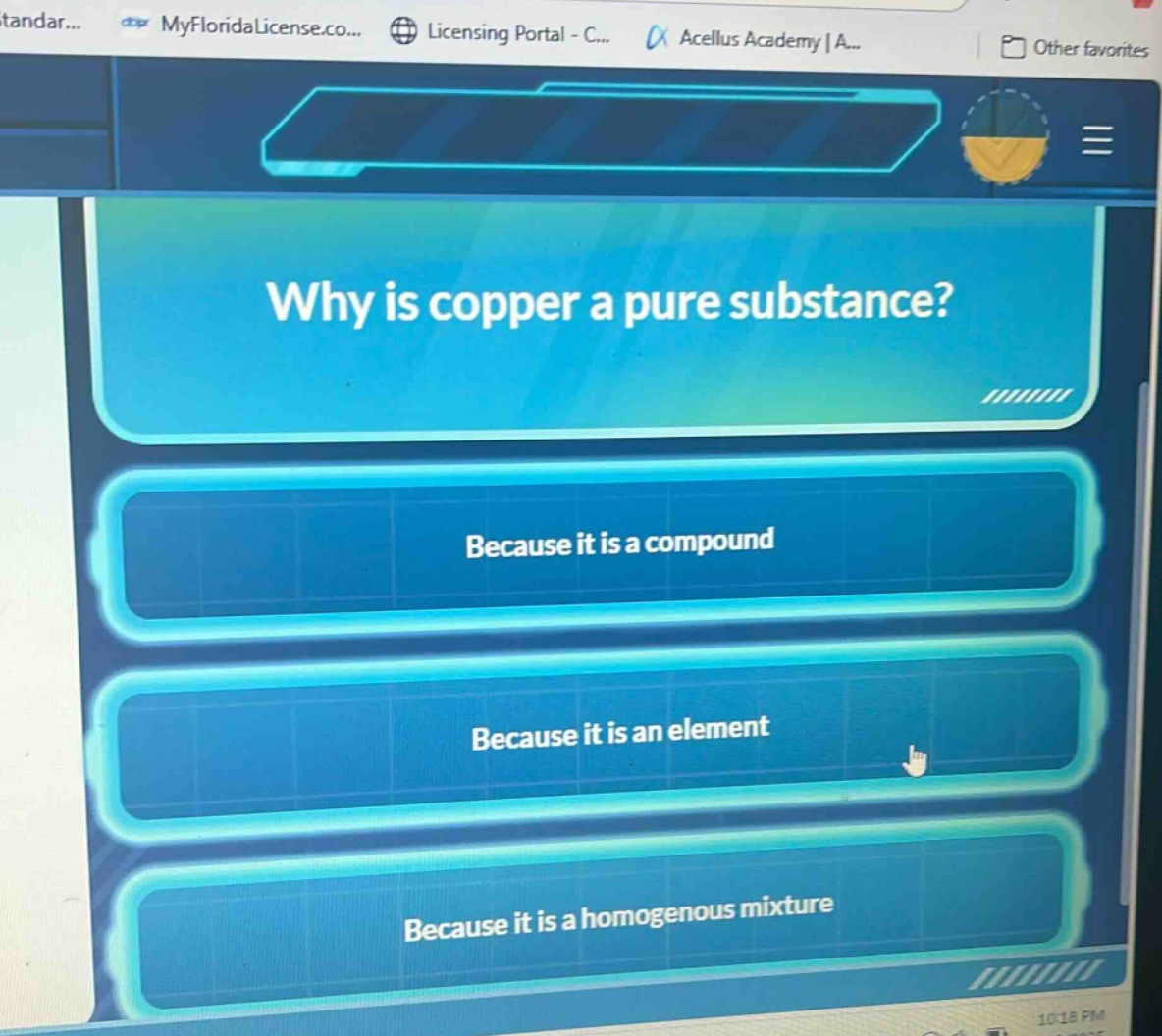 why is copper a pure substance? because it is a compound because it is an element because it is a homogenous mixture