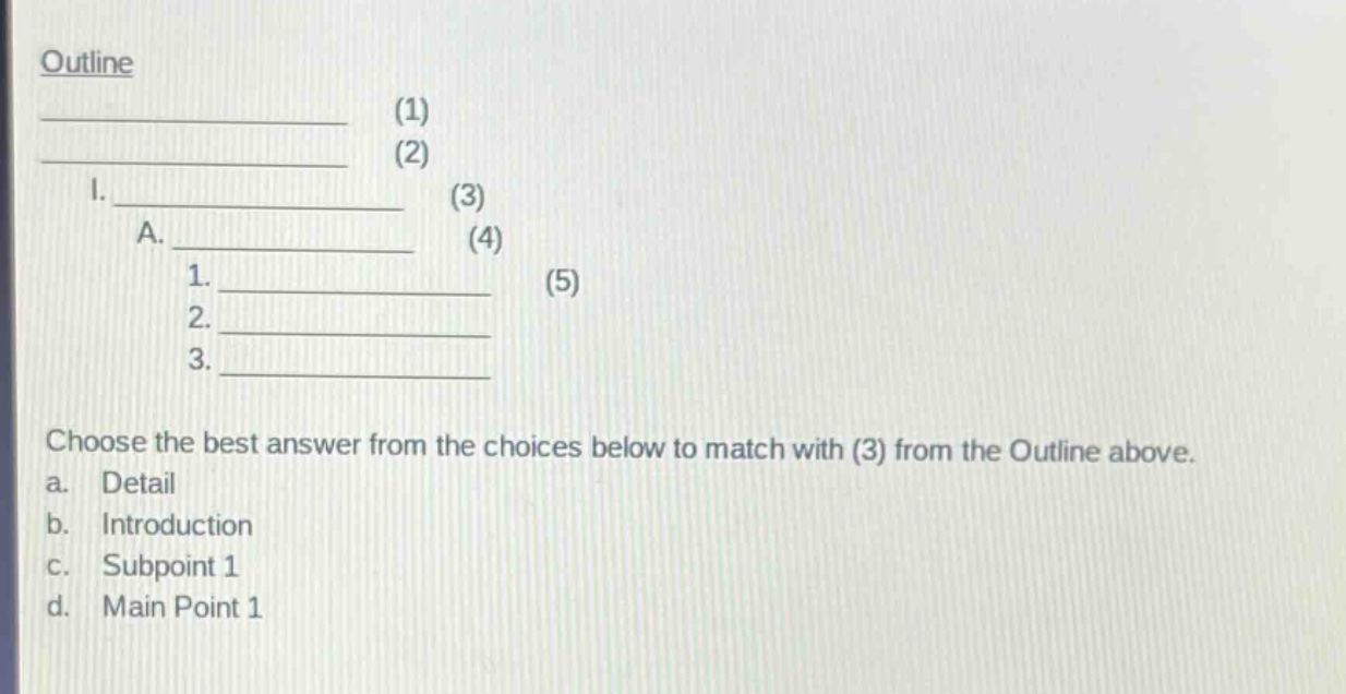 outline\n__________ (1)\n__________ (2)\ni. __________ (3)\n a. __________ (4)\n 1. __________ (5)\n 2. __________\n 3. __________\nchoose the best answer from the choices below to match with (3) from the outline above.\na. detail\nb. introduction\nc. subpoint 1\nd. main point 1
