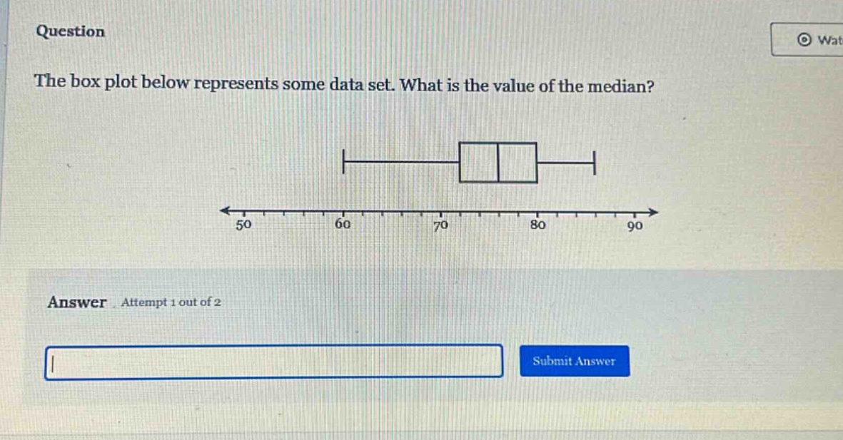 question the box plot below represents some data set. what is the value of the median? answer attempt 1 out of 2 submit answer