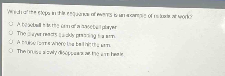 which of the steps in this sequence of events is an example of mitosis at work?\na baseball hits the arm of a baseball player.\nthe player reacts quickly grabbing his arm.\na bruise forms where the ball hit the arm.\nthe bruise slowly disappears as the arm heals.
