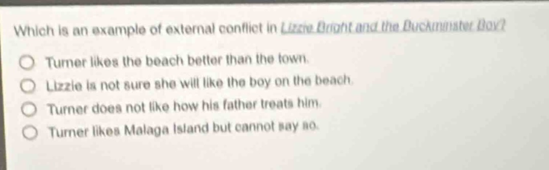 which is an example of external conflict in lizzie bright and the buckminster boy?\nturner likes the beach better than the town.\nlizzie is not sure she will like the boy on the beach.\nturner does not like how his father treats him.\nturner likes malaga island but cannot say so.