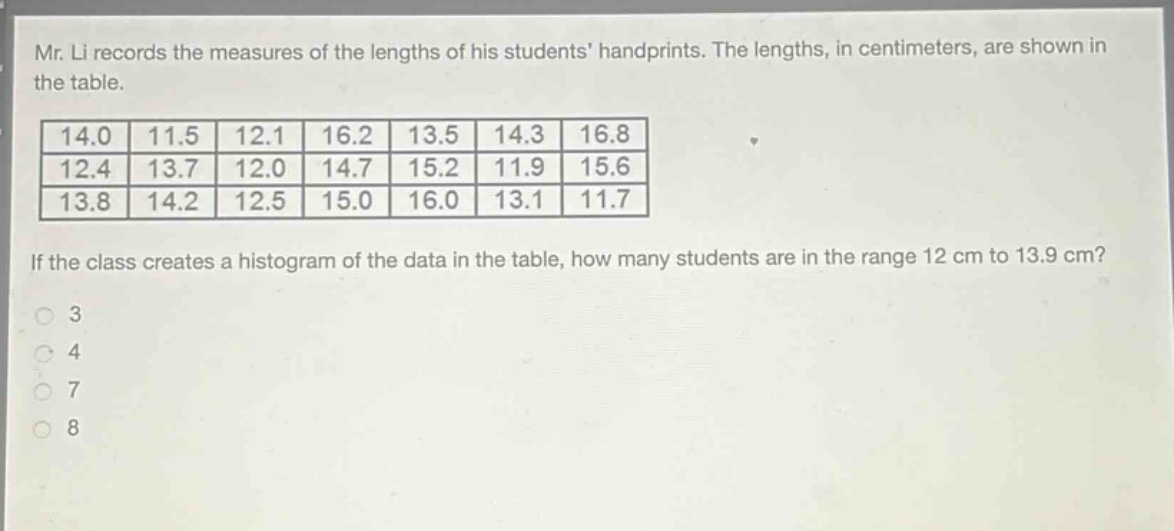 mr. li records the measures of the lengths of his students handprints. the lengths, in centimeters, are shown in the table.\n14.0 11.5 12.1 16.2 13.5 14.3 16.8\n12.4 13.7 12.0 14.7 15.2 11.9 15.6\n13.8 14.2 12.5 15.0 16.0 13.1 11.7\nif the class creates a histogram of the data in the table, how many students are in the range 12 cm to 13.9 cm?\n3\n4\n7\n8