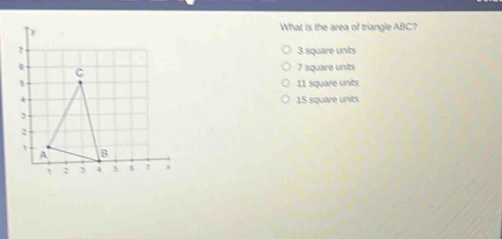 what is the area of triangle abc?\n3 square units\n7 square units\n11 square units\n15 square units