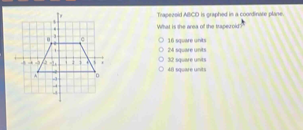 trapezoid abcd is graphed in a coordinate plane. what is the area of the trapezoid? 16 square units 24 square units 32 square units 48 square units