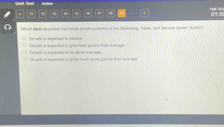 which best describes the future growth potential of the marketing, sales, and service career cluster?\ngrowth is expected to decline.\ngrowth is expected to grow less quickly than average.\ngrowth is expected to be about average.\ngrowth is expected to grow much more quickly than average.