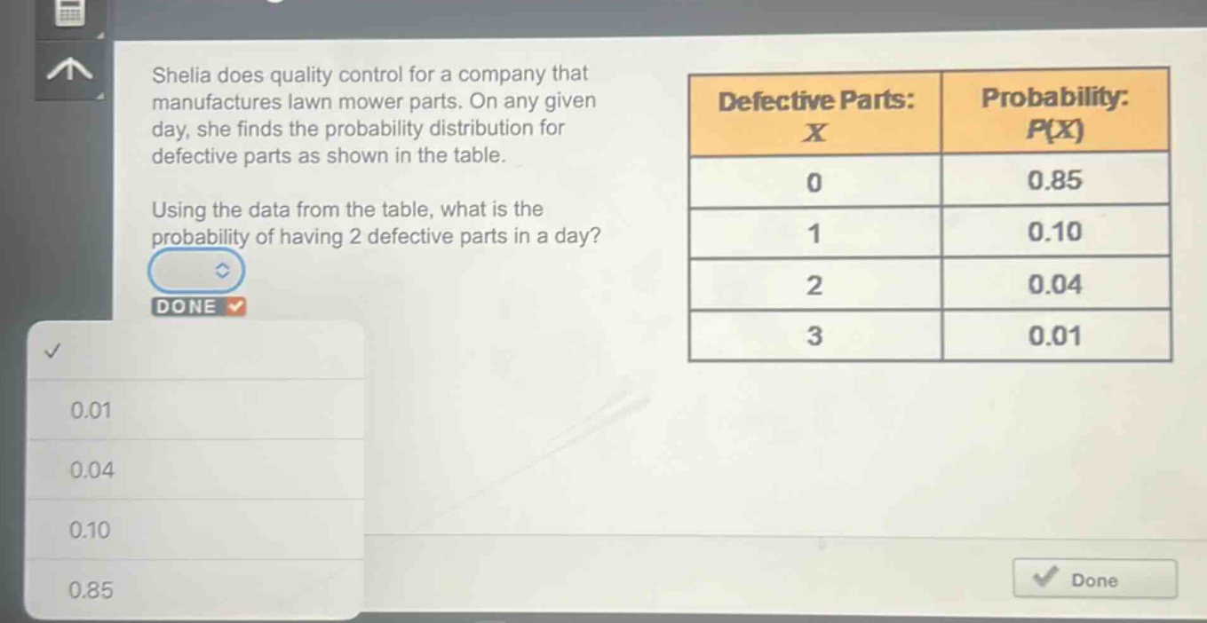 sheila does quality control for a company that manufactures lawn mower parts. on any given day, she finds the probability distribution for defective parts as shown in the table. using the data from the table, what is the probability of having 2 defective parts in a day?