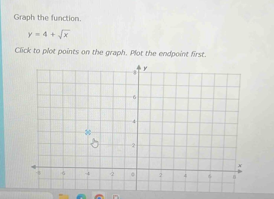graph the function.\n$y = 4 + \\sqrt{x}$\nclick to plot points on the graph. plot the endpoint first.