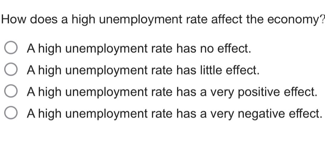 how does a high unemployment rate affect the economy?\na high unemployment rate has no effect.\na high unemployment rate has little effect.\na high unemployment rate has a very positive effect.\na high unemployment rate has a very negative effect.