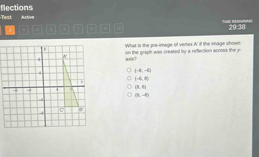 what is the pre - image of vertex a if the image shown on the graph was created by a reflection across the y - axis? (-8, -6) (-6, 8) (8, 6) (6, -8)