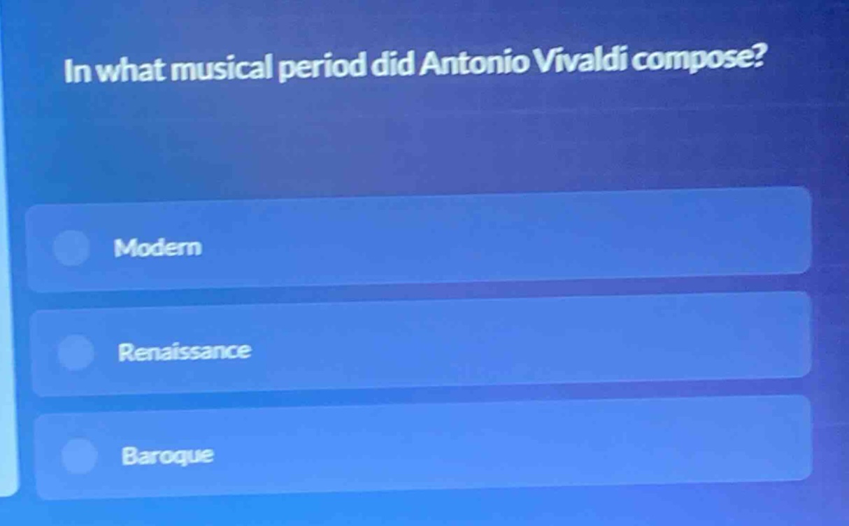 in what musical period did antonio vivaldi compose?\nmodern\nrenaissance\nbaroque