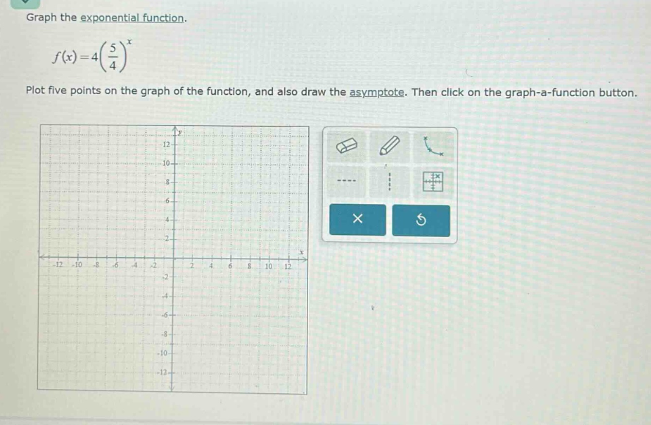 graph the exponential function.\n\n$f(x)=4(\\frac{5}{4})^{x}$\n\nplot five points on the graph of the function, and also draw the asymptote. then click on the graph - a - function button.