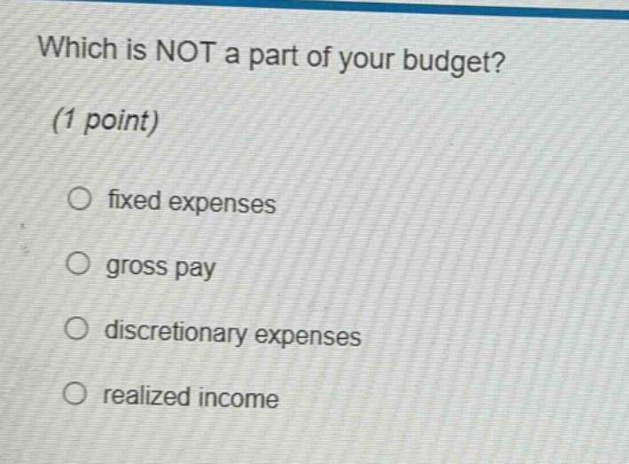 which is not a part of your budget? (1 point) fixed expenses gross pay discretionary expenses realized income