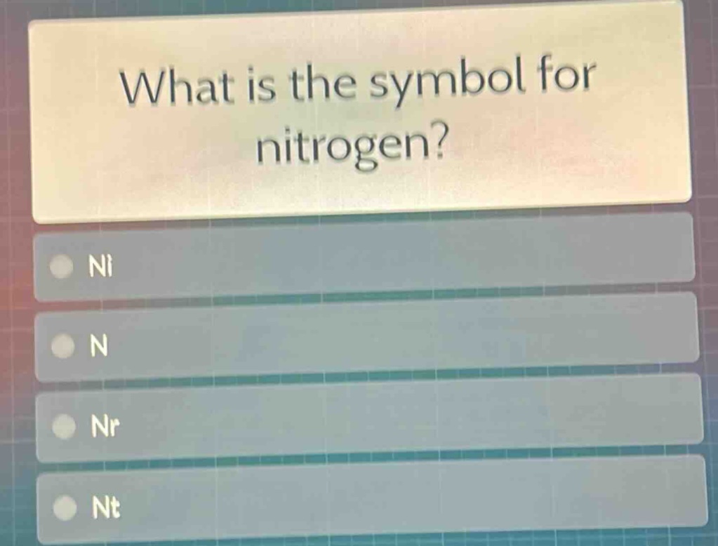 what is the symbol for nitrogen? ni n nr nt