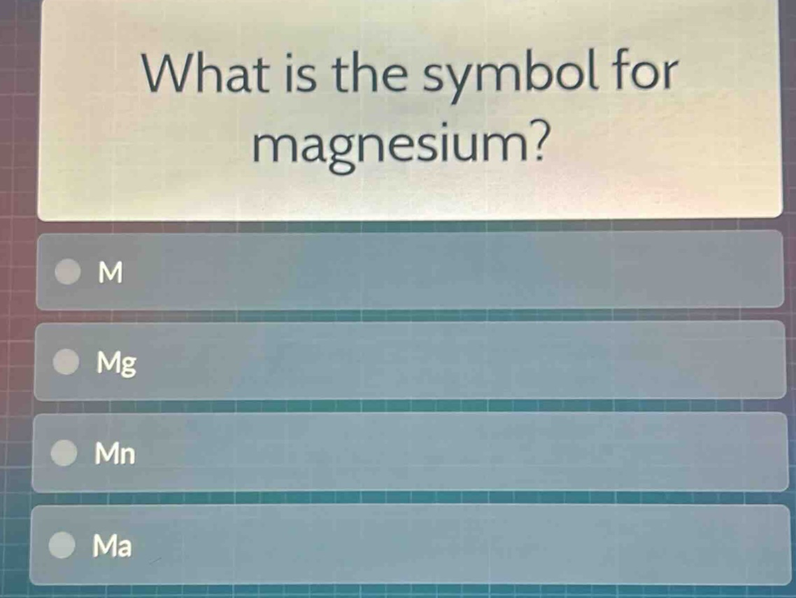 what is the symbol for magnesium? m mg mn ma