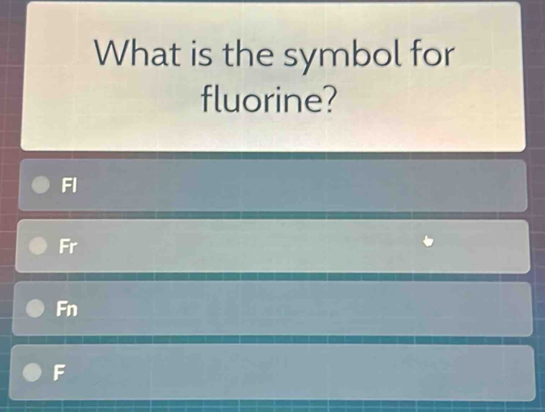 what is the symbol for fluorine? fl fr fn f