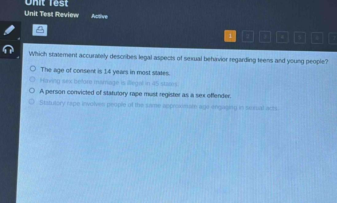 which statement accurately describes legal aspects of sexual behavior regarding teens and young people?\nthe age of consent is 14 years in most states.\nhaving sex before marriage is illegal in 45 states.\na person convicted of statutory rape must register as a sex offender.\nstatutory rape involves people of the same approximate age engaging in sexual acts.