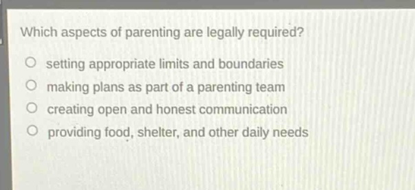 which aspects of parenting are legally required?\nsetting appropriate limits and boundaries\nmaking plans as part of a parenting team\ncreating open and honest communication\nproviding food, shelter, and other daily needs