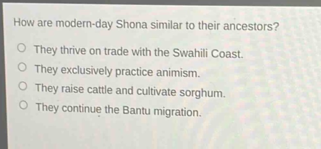 how are modern - day shona similar to their ancestors?\nthey thrive on trade with the swahili coast.\nthey exclusively practice animism.\nthey raise cattle and cultivate sorghum.\nthey continue the bantu migration.