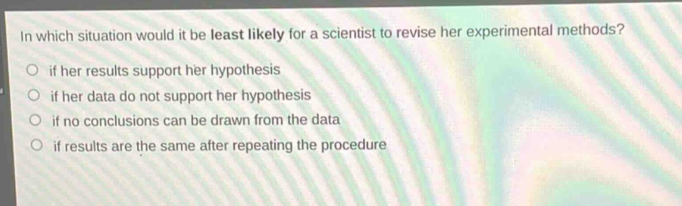 in which situation would it be least likely for a scientist to revise her experimental methods?\nif her results support her hypothesis\nif her data do not support her hypothesis\nif no conclusions can be drawn from the data\nif results are the same after repeating the procedure
