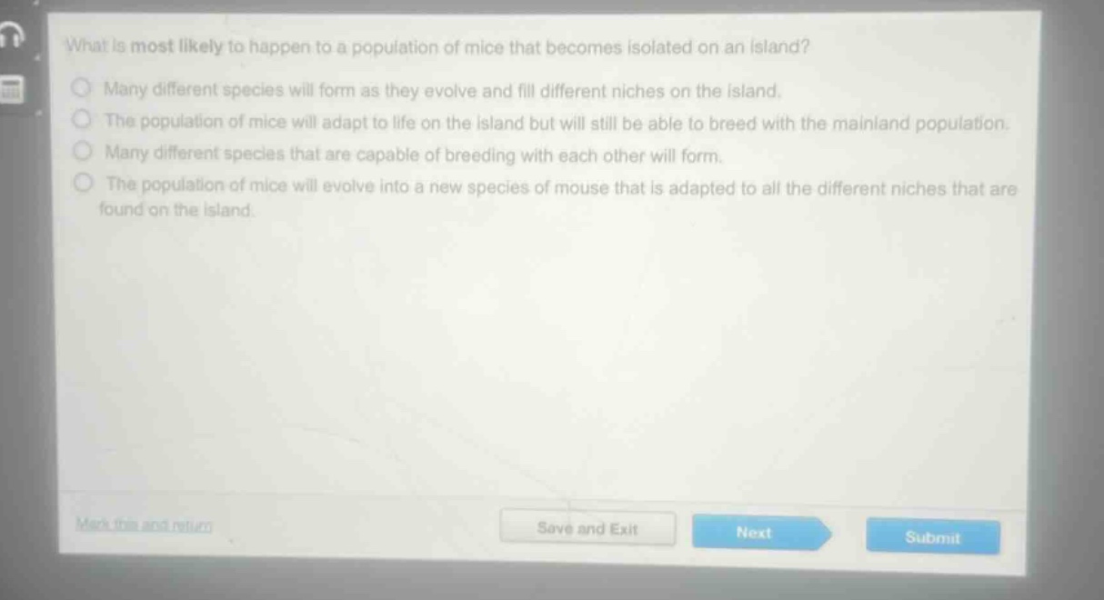 what is most likely to happen to a population of mice that becomes isolated on an island?\nmany different species will form as they evolve and fill different niches on the island.\nthe population of mice will adapt to life on the island but will still be able to breed with the mainland population.\nmany different species that are capable of breeding with each other will form.\nthe population of mice will evolve into a new species of mouse that is adapted to all the different niches that are found on the island.