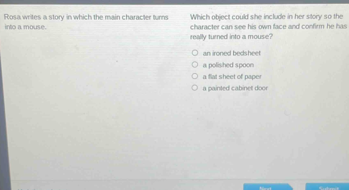 rosa writes a story in which the main character turns into a mouse. which object could she include in her story so the character can see his own face and confirm he has really turned into a mouse? an ironed bedsheet a polished spoon a flat sheet of paper a painted cabinet door