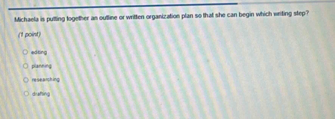 michaela is putting together an outline or written organization plan so that she can begin which writing step? (1 point) editing planning researching drafting