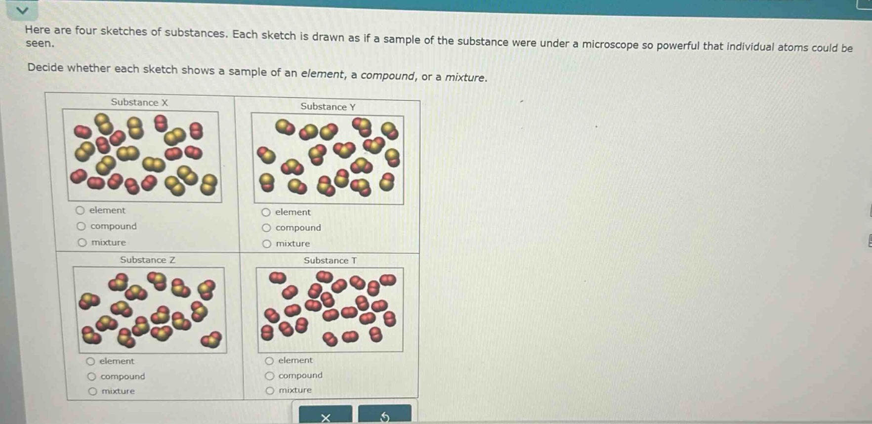 here are four sketches of substances. each sketch is drawn as if a sample of the substance were under a microscope so powerful that individual atoms could be seen. decide whether each sketch shows a sample of an element, a compound, or a mixture. substance x element compound mixture substance y element compound mixture substance z element compound mixture substance t element compound mixture