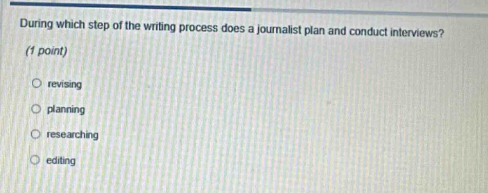 during which step of the writing process does a journalist plan and conduct interviews? (1 point) revising planning researching editing