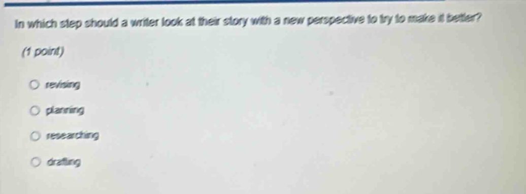 in which step should a writer look at their story with a new perspective to try to make it better? (1 point) revising planning researching drafting