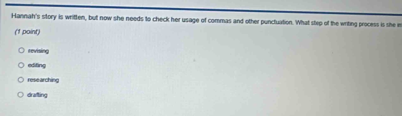hannahs story is written, but now she needs to check her usage of commas and other punctuation. what step of the writing process is she in? (1 point) revising editing researching drafting