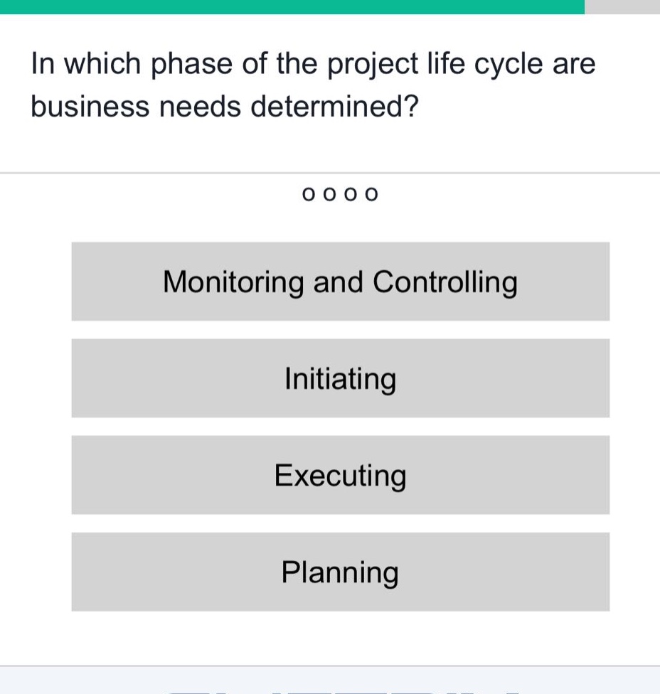 in which phase of the project life cycle are business needs determined?\nmonitoring and controlling\ninitiating\nexecuting\nplanning