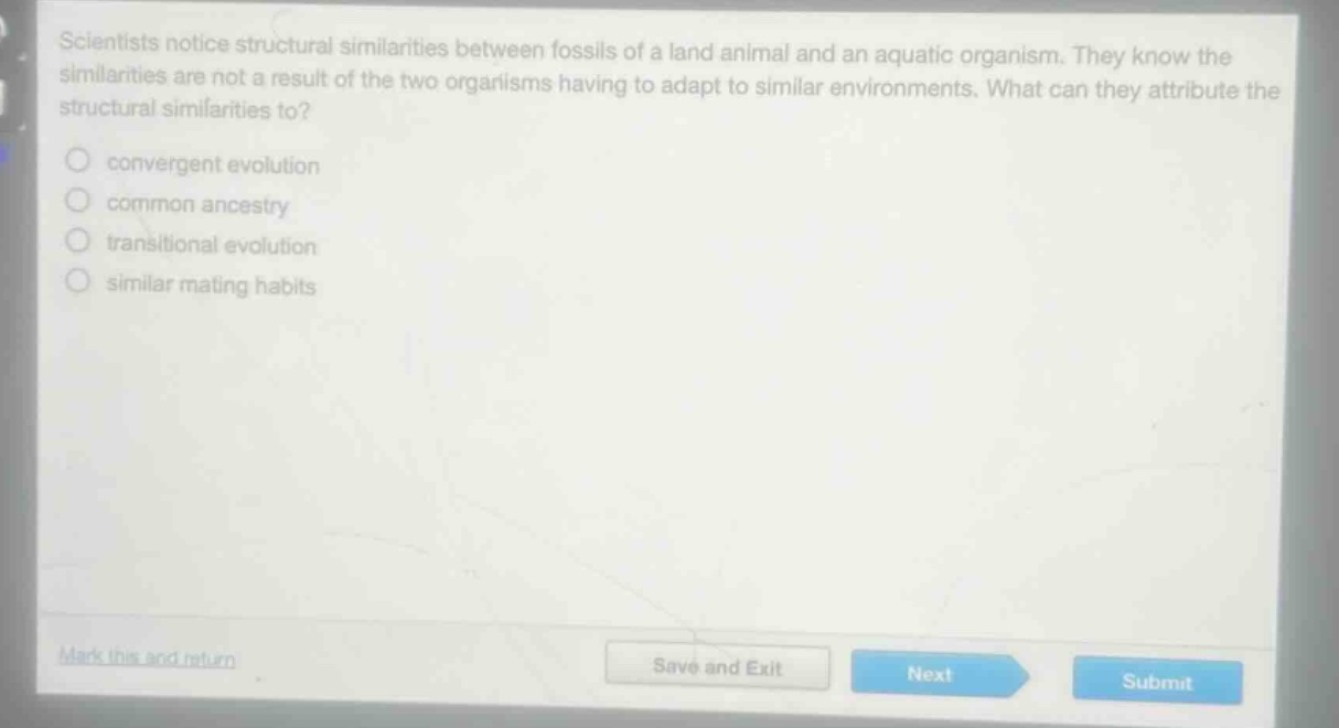 scientists notice structural similarities between fossils of a land animal and an aquatic organism. they know the similarities are not a result of the two organisms having to adapt to similar environments. what can they attribute the structural similarities to?\nconvergent evolution\ncommon ancestry\ntransitional evolution\nsimilar mating habits