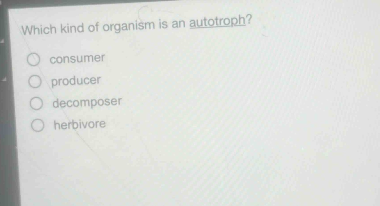 which kind of organism is an autotroph?\nconsumer\nproducer\ndecomposer\nherbivore