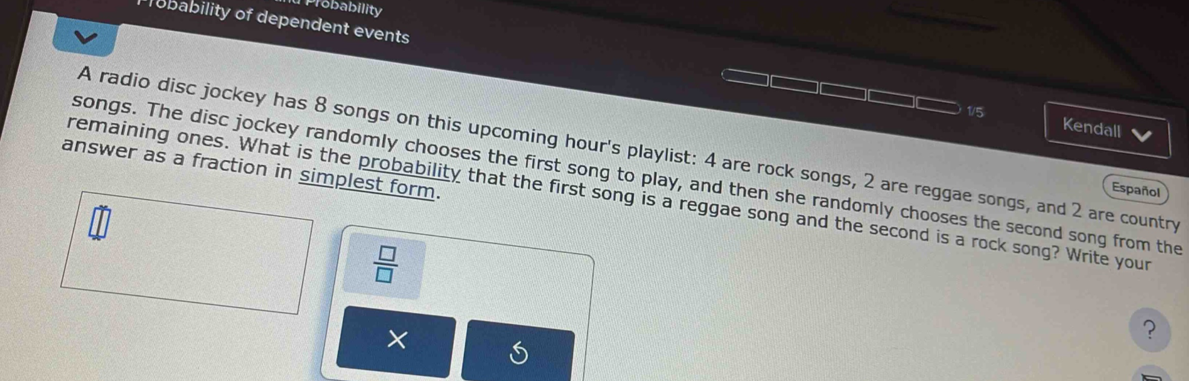 a radio disc jockey has 8 songs on this upcoming hours playlist: 4 are rock songs, 2 are reggae songs, and 2 are country songs. the disc jockey randomly chooses the first song to play, and then she randomly chooses the second song from the remaining ones. what is the probability that the first song is a reggae song and the second is a rock song? write your answer as a fraction in simplest form.