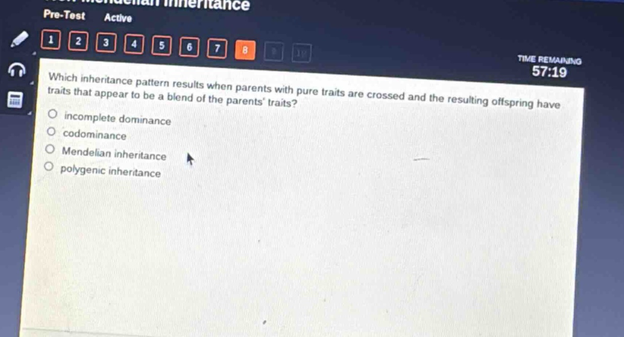 which inheritance pattern results when parents with pure traits are crossed and the resulting offspring have traits that appear to be a blend of the parents traits?\n○ incomplete dominance\n○ codominance\n○ mendelian inheritance\n○ polygenic inheritance