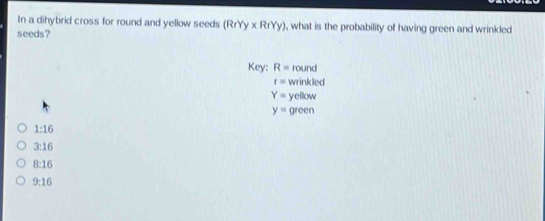 in a dihybrid cross for round and yellow seeds (rryy x rryy), what is the probability of having green and wrinkled seeds?\nkey: r = round\nr = wrinkled\ny = yellow\ny = green\n1:16\n3:16\n8:16\n9:16