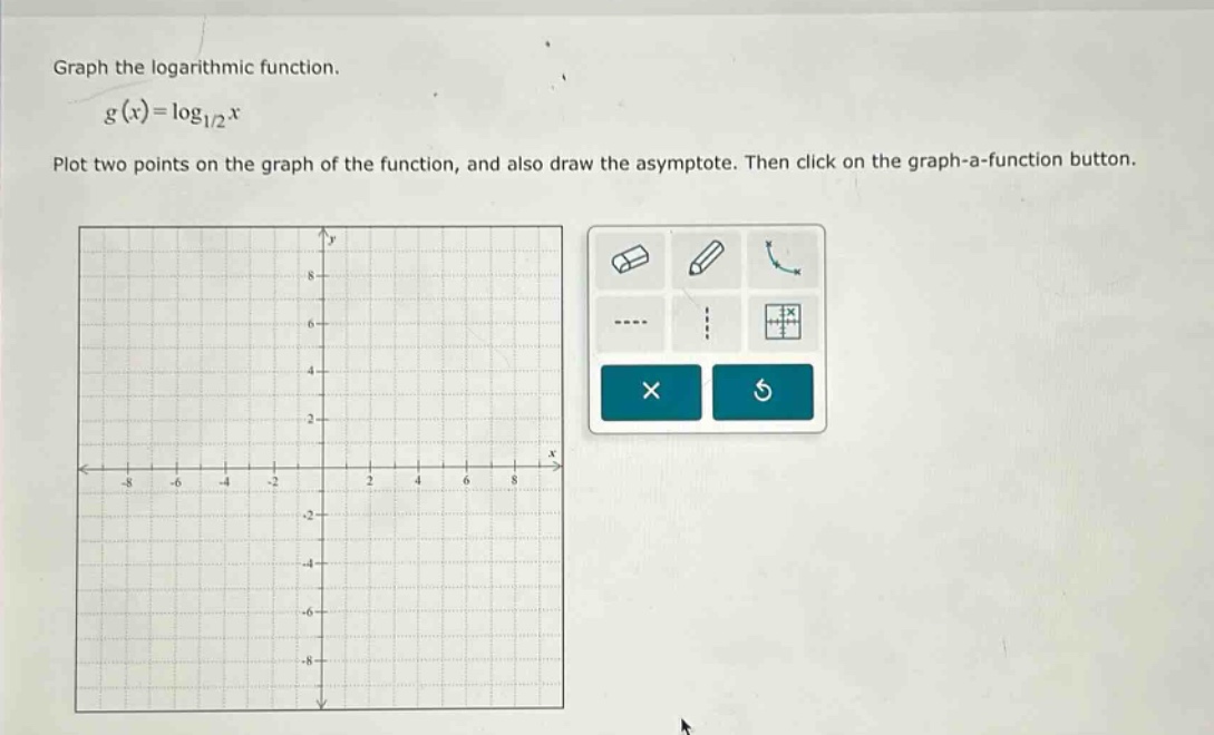 graph the logarithmic function.\ng(x)=log_{1/2}x\nplot two points on the graph of the function, and also draw the asymptote. then click on the graph - a - function button.