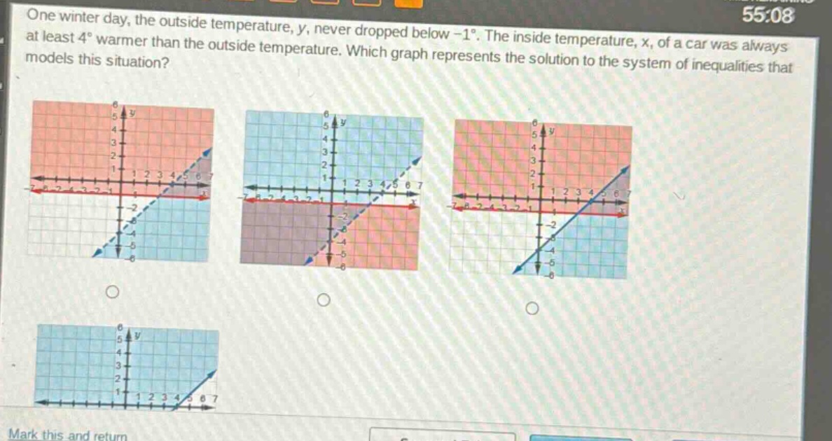 one winter day, the outside temperature, y, never dropped below -1°. the inside temperature, x, of a car was always at least 4° warmer than the outside temperature. which graph represents the solution to the system of inequalities that models this situation?
