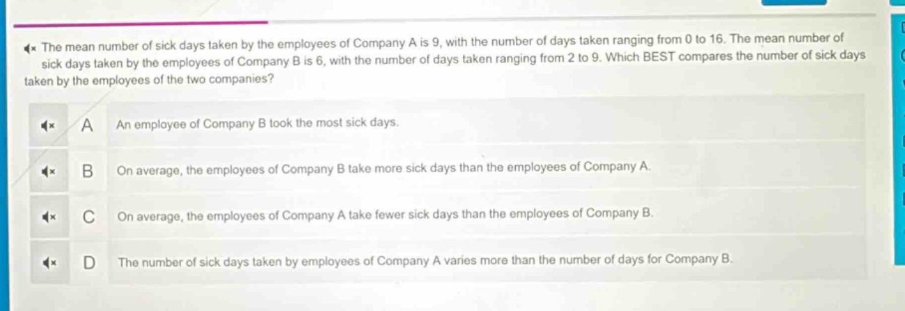 the mean number of sick days taken by the employees of company a is 9, with the number of days taken ranging from 0 to 16. the mean number of sick days taken by the employees of company b is 6, with the number of days taken ranging from 2 to 9. which best compares the number of sick days taken by the employees of the two companies? a an employee of company b took the most sick days. b on average, the employees of company b take more sick days than the employees of company a. c on average, the employees of company a take fewer sick days than the employees of company b. d the number of sick days taken by employees of company a varies more than the number of days for company b.
