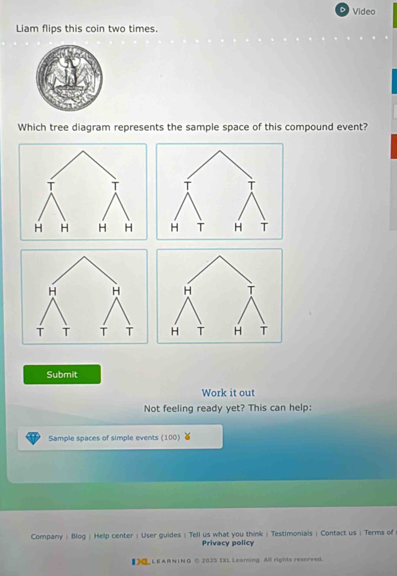 liam flips this coin two times. which tree diagram represents the sample space of this compound event?