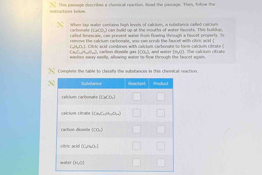 this passage describes a chemical reaction. read the passage. then, follow the instructions below. when tap water contains high levels of calcium, a substance called calcium carbonate (caco₃) can build up at the mouths of water faucets. this buildup, called limescale, can prevent water from flowing through a faucet properly. to remove the calcium carbonate, you can scrub the faucet with citric acid (c₆h₈o₇). citric acid combines with calcium carbonate to form calcium citrate (ca₃c₁₂h₁₀o₁₄), carbon dioxide gas (co₂), and water (h₂o). the calcium citrate washes away easily, allowing water to flow through the faucet again. complete the table to classify the substances in this chemical reaction. substance reactant product calcium carbonate (caco₃) calcium citrate (ca₃c₁₂h₁₀o₁₄) carbon dioxide (co₂) citric acid (c₆h₈o₇) water (h₂o)
